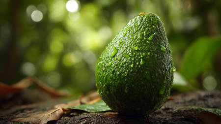 Fresh Avocado with Water Droplets against a Natural Green Background Sceneの素材
