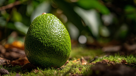 Fresh Avocado Resting on Mossy Ground Amidst Lush Greenery, Close-up Viewの素材
