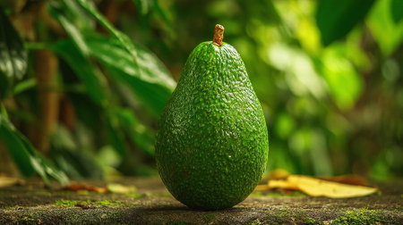 Fresh Green Avocado Still Life with Tropical Background and Mossy Stoneの素材