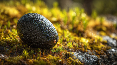 Dark Avocado Resting on Mossy Ground, a Study in Contrasting Texturesの素材