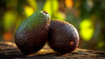 Fresh Avocado Pair on Natural Surface Showcasing Delicious Green and Brown Tonesの素材