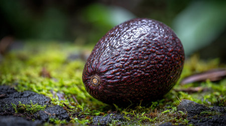 Dark avocado resting naturally on vibrant green moss creating a stunning contrastの素材