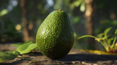Fresh Avocado Resting on Rustic Wood Surface in Lush Garden Settingの素材