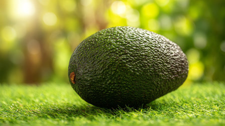 Fresh Avocado on Green Grass with Bokeh Background in Natural Sunlightの素材