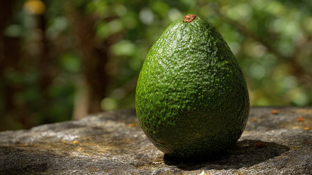 Single Avocado on Natural Stone Surface with a Blurred Green Backgroundの素材