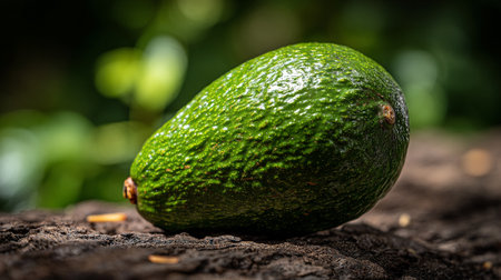 Fresh green avocado resting on a rustic wooden surface, blurry background.の素材