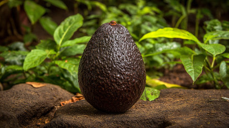Ripe Hass Avocado Resting on Rough Stone Surface with Lush Green Backgroundの素材