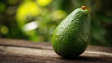 Ripe Avocado on Rustic Wooden Surface with Soft Green Garden Backgroundの素材