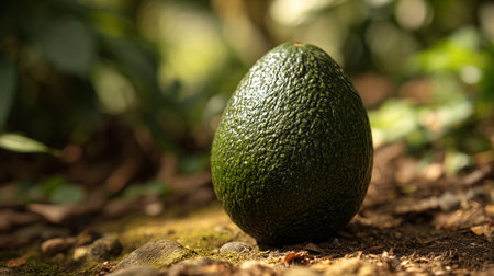 Ripe Avocado Displayed on Forest Floor: A Captivating Natural Still Lifeの素材