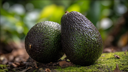 Two fresh avocados resting on moss in a vibrant outdoor settingの素材