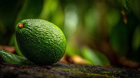 Fresh green avocado resting on mossy surface amidst lush tropical foliageの素材