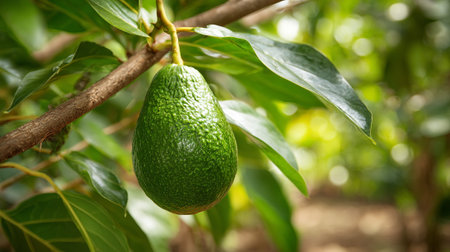 Single green avocado hangs from tree branch among leaves in natural setting.の素材