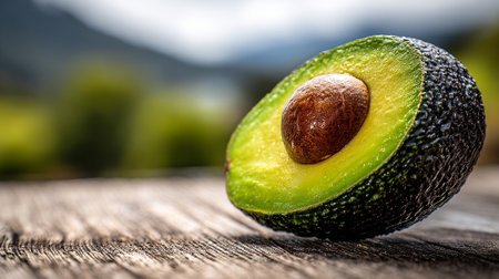 Sliced Avocado on Wooden Surface Displays Freshness and Natural Beautyの素材