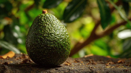 Ripe Avocado Delight: Fresh Organic Fruit with Lush Greenery Backdropの素材