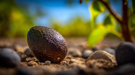 Single Dark Avocado Resting on Soil with Blurred Plant Backgroundの素材