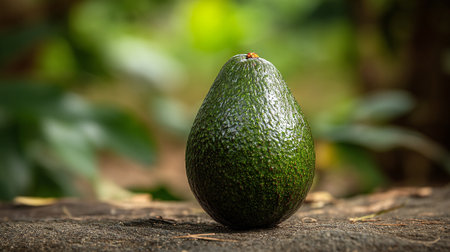 Ripe avocado still life against blurred greenery backdrop, vibrant and textured.の素材