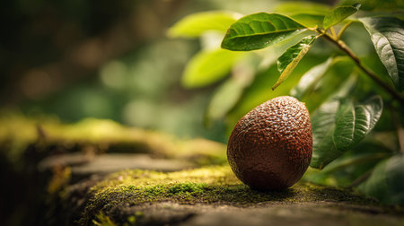 Ripe Avocado Amidst Green Foliage Resting on Mossy Surface, Ready for Consumptionの素材