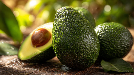Fresh Organic Avocados Displaying Texture and Color Under Natural Lighting Conditionsの素材