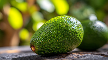 Ripe Avocado on Dark Wood Surface with Blurred Green Backgroundの素材