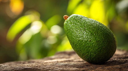 Fresh Green Avocado Resting Naturally on Weathered Wood Surface Outdoorsの素材