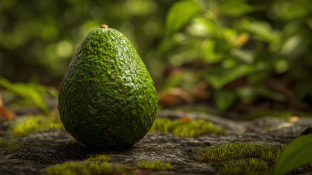 Vibrant Green Avocado Resting on Mossy Rock in Lush Environmentの素材