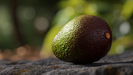 Ripe avocado resting on stone surface against a vibrant green background.の素材