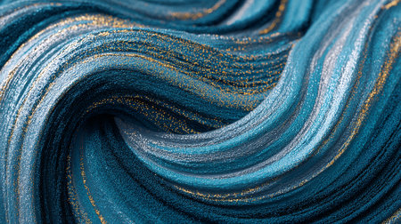 Abstract swirls of textured blues, silvers and golds in a fluid wave.の素材