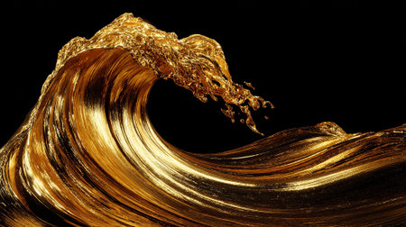 Golden Wave Rising: Abstract Liquid Gold Formation Against a Stark Black Backdropの素材