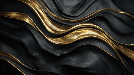 Elegant gold ribbons flowing across a dark textured background beautifully illustrating luxury.の素材