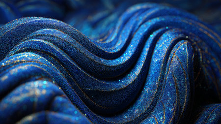 Elegant blue textile with golden shimmer creates a captivating abstract compositionの素材