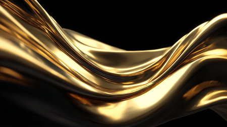 Luxurious Golden Abstract: Fluid Metallic Waves on Black Backdrop for Graphic Design.の素材