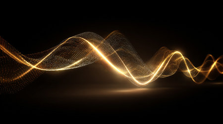 Abstract golden flowing lines on black background create a visual spectacleの素材