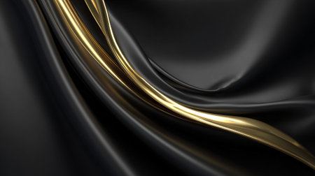 Luxurious black silk and gold flowing fabric waves with elegant reflectionsの素材