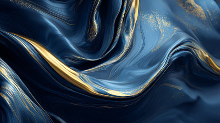 Elegant Navy Blue and Gold Abstract Art Design with Wavy Textureの素材