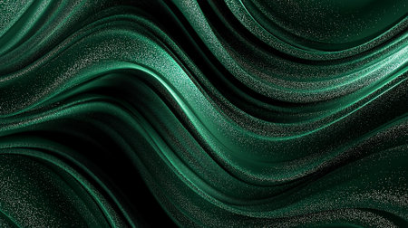 Emerald Green Fluid Waves with Glittering Particles Abstract Background Image.の素材