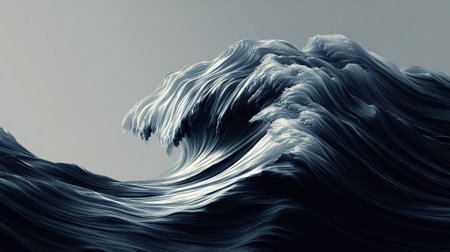 Abstract Dark Blue Wave Sculpture Against a Soft Gray Backgroundの素材