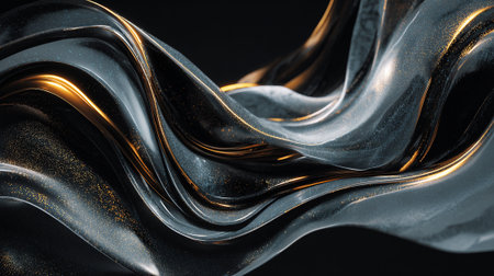 Fluid Dark Surface with Gold Highlights and Glittering Particles: An Abstract Artworkの素材