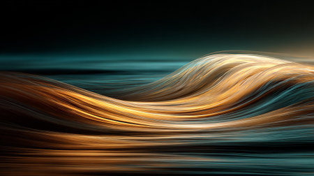 Abstract flowing lines of golden and teal light create beautiful wavesの素材