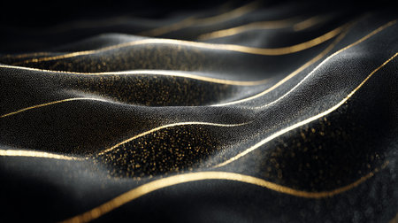 Elegant Black Fabric Texture with Golden Waves, Abstract Modern Backgroundの素材