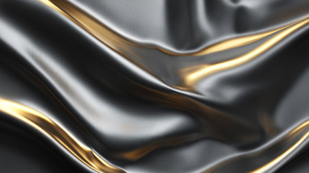 Shimmering Black Fabric: An Abstract Texture with Golden Highlights and Subtle Wavesの素材
