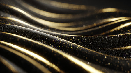 Luxurious Black Fabric with Golden Glittering Waves for Abstract Backdrop Designの素材
