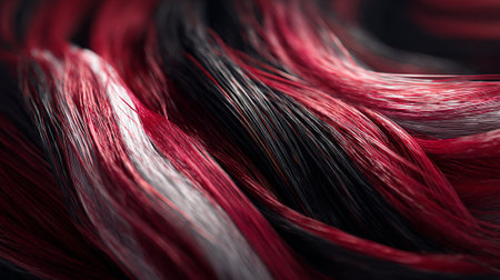 Abstract flowing lines of black, red and white threads create dynamic patternの素材