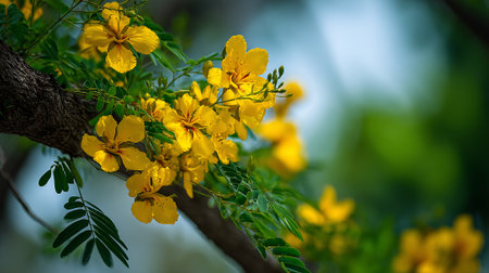 Radiant Yellow Flowers Blooming on a Branch in Natural Sunlightの素材