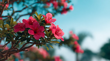 Vibrant Pink Hibiscus Flowers Bloom Against a Serene Blue Skyの素材
