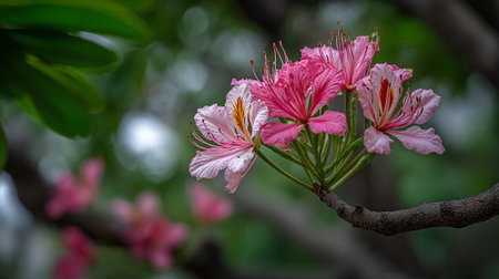 Vibrant Pink Bauhinia Flowers Blooming on a Branch in Natureの素材