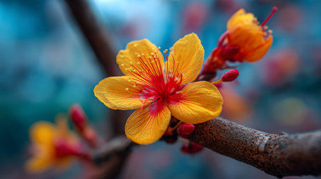 Vibrant Yellow Blossom with Red Center on a Branchの素材