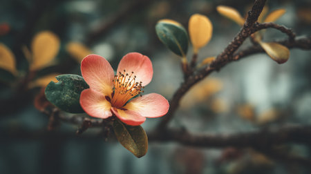 Delicate peach-colored flower blossoms against a muted, dreamy background.の素材