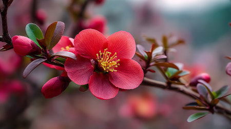 Crimson Bloom: A Vibrant Quince Flower Displaying Delicate Petals in Springの素材