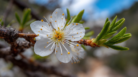 Delicate white blossom on a branch, spring is in the air.の素材