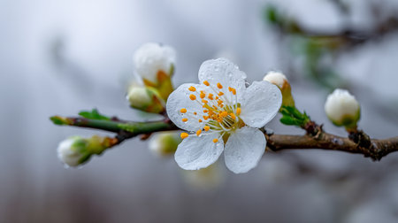 Delicate White Cherry Blossom with Dewdrops on a Branch Close-Upの素材